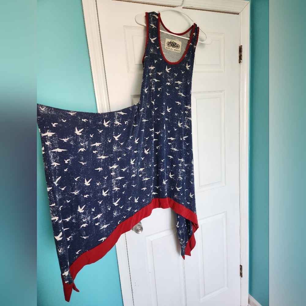 Effie's Heart side s/xs navy blue dress with seagull print, red trim